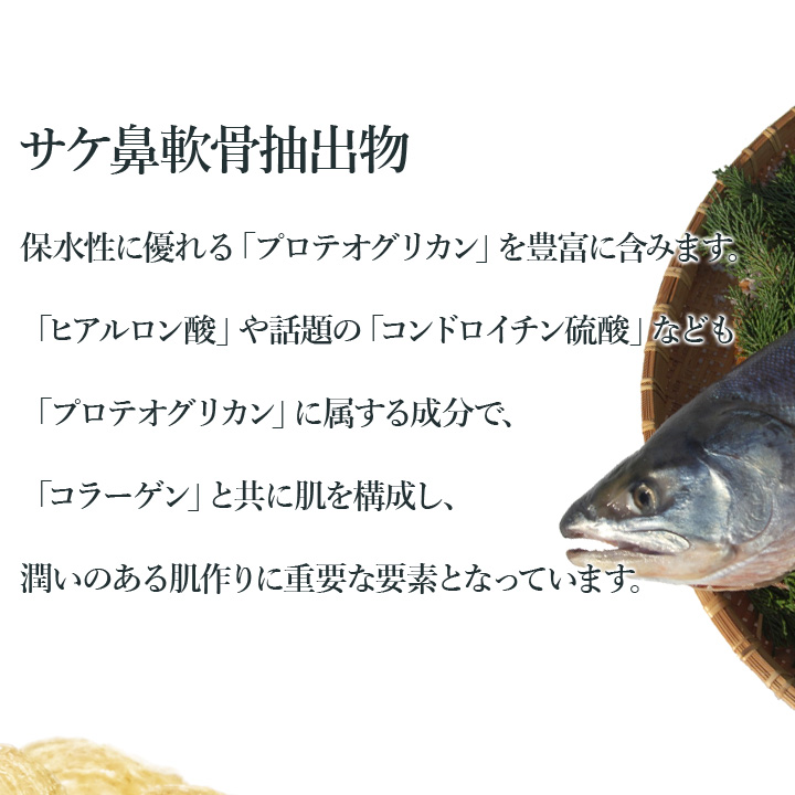 潤いのある肌作りに重要な要素であるプロテオグリカンを豊富に含むサケ鼻軟骨抽出物。